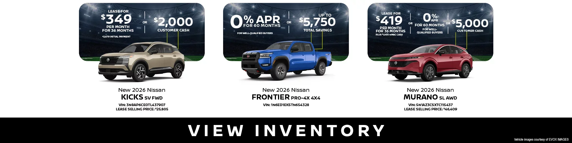 New 2026 Nissan Kicks SV FWD, Frontier PRO 4X 4X4, Murano SL