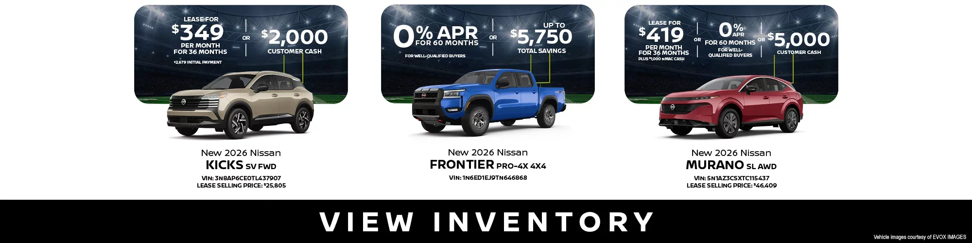New 2026 Nissan Kicks SV FWD, Frontier PRO 4X 4X4, Murano SL