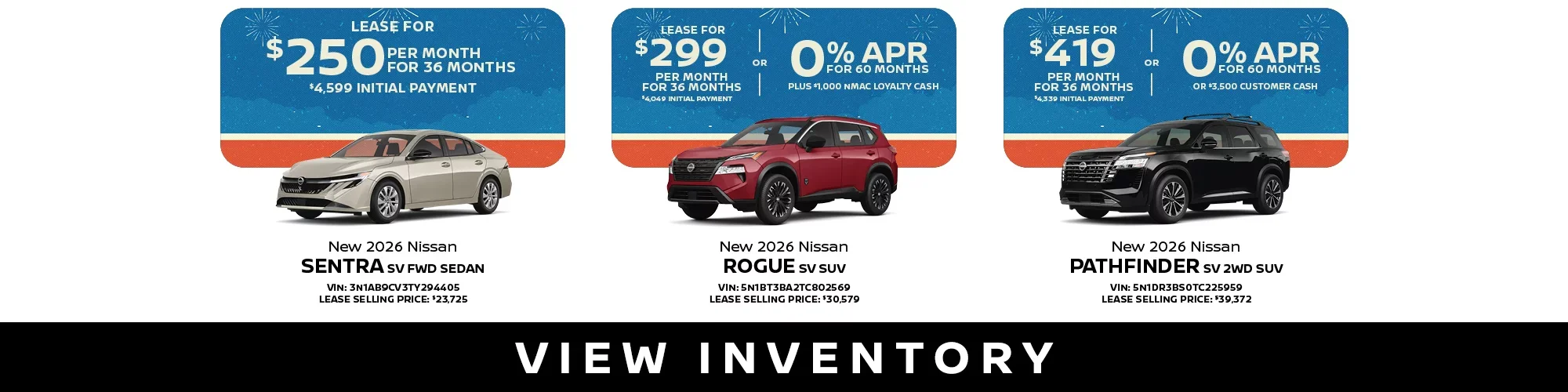 New 2026 Nissan Sentra, Rogue, Pathfinder