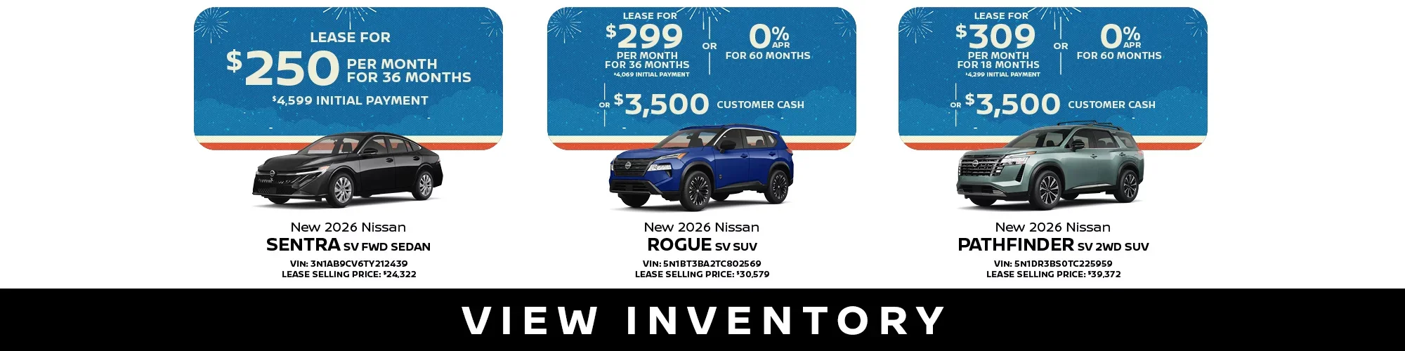 New 2026 Nissan Sentra, Rogue, Pathfinder