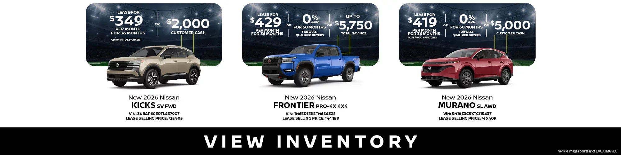New 2026 Nissan Kicks SV FWD, Frontier PRO 4X 4X4, Murano SL