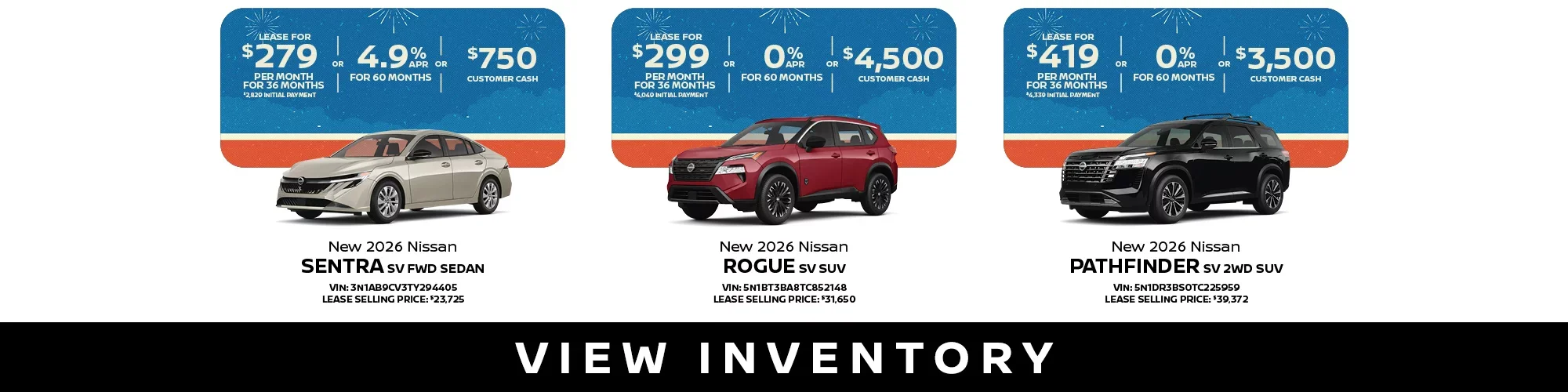 New 2026 Sentra SV FWD Sedan,Rogue SV SUV,Pathfinder SV 2WD