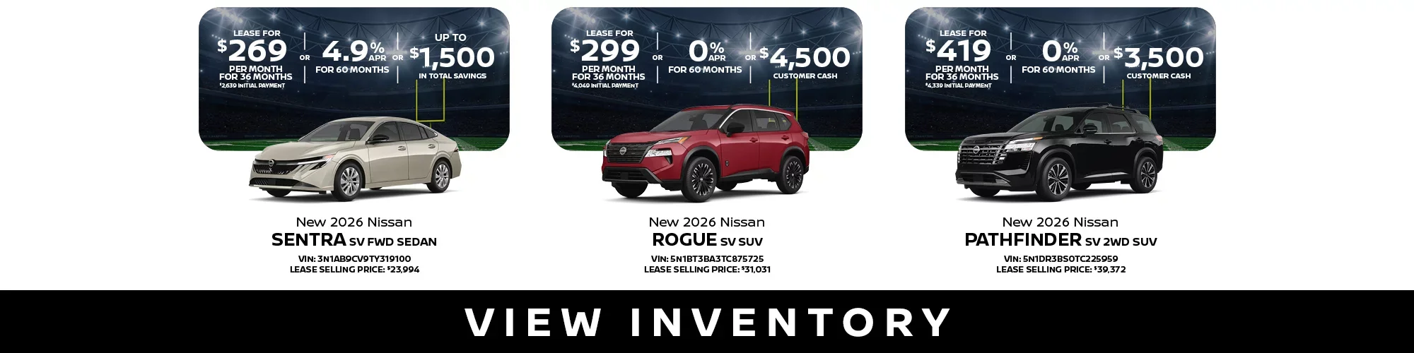 New 2026 Nissan Sentra SV FWD, Rogue SV, Pathfinder SV 2WD