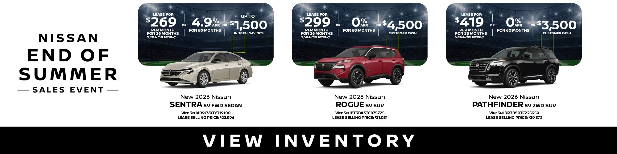 New 2026 Nissan Sentra SV FWD, Rogue SV, Pathfinder SV 2WD