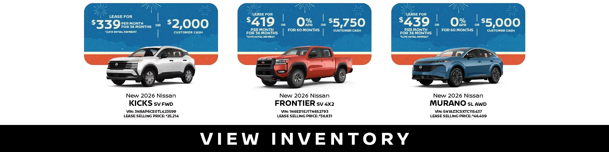 New 2026 Kicks SV FWD,Frontier SV 4X2,Murano SL AWD