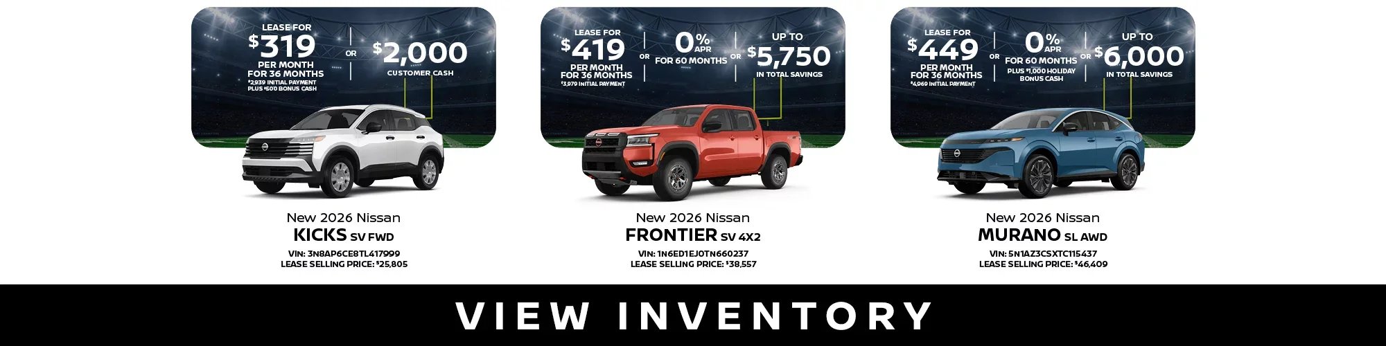 New 2026 Nissan Kicks SV FWD, Frontier SV 4x2, Murano SL AWD