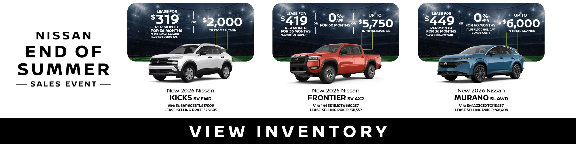 New 2026 Nissan Kicks SV FWD, Frontier SV 4x2, Murano SL AWD
